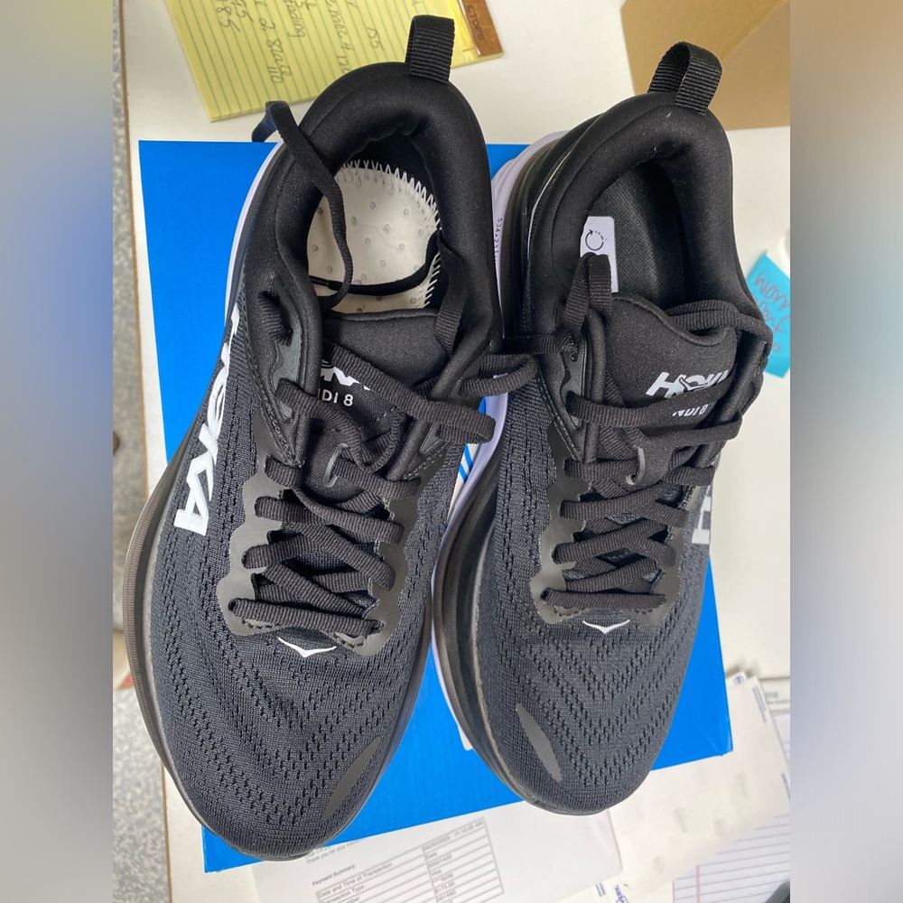 Hoka Black/White Bondi 8  WIDE Athletic Sneakers